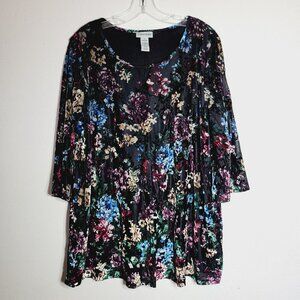 Catherines Tunic Top Plus Size 1X 18/20W Black Velour Floral 3/4 Sleeve Pullover